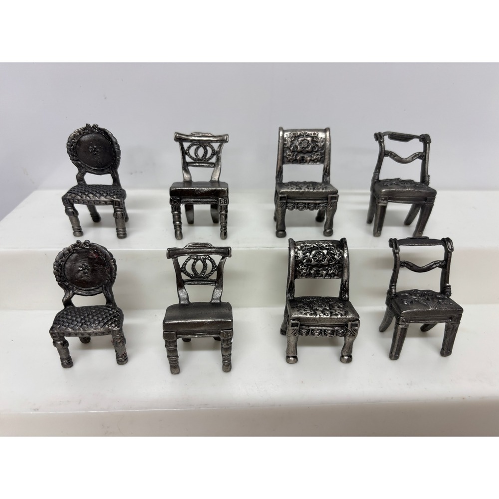 Vintage Miniature Pewter Chairs Set of 8 Ornate Dollhouse Furniture Figurines